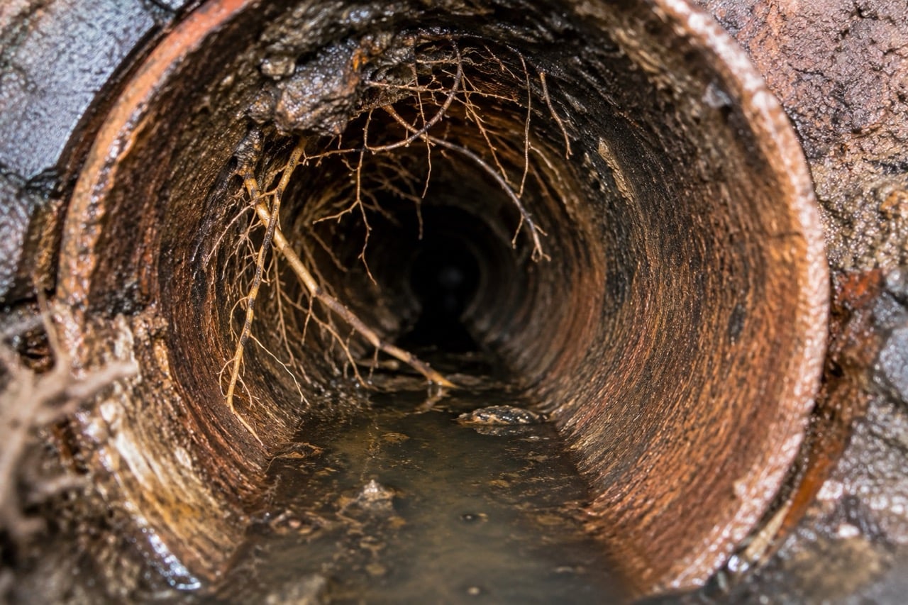View inside a sewer pipe with tree roots poking through the wall