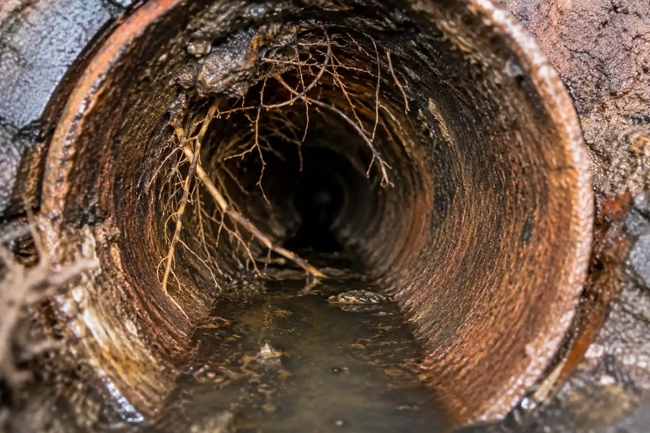 View inside a sewer pipe with tree roots poking through the wall