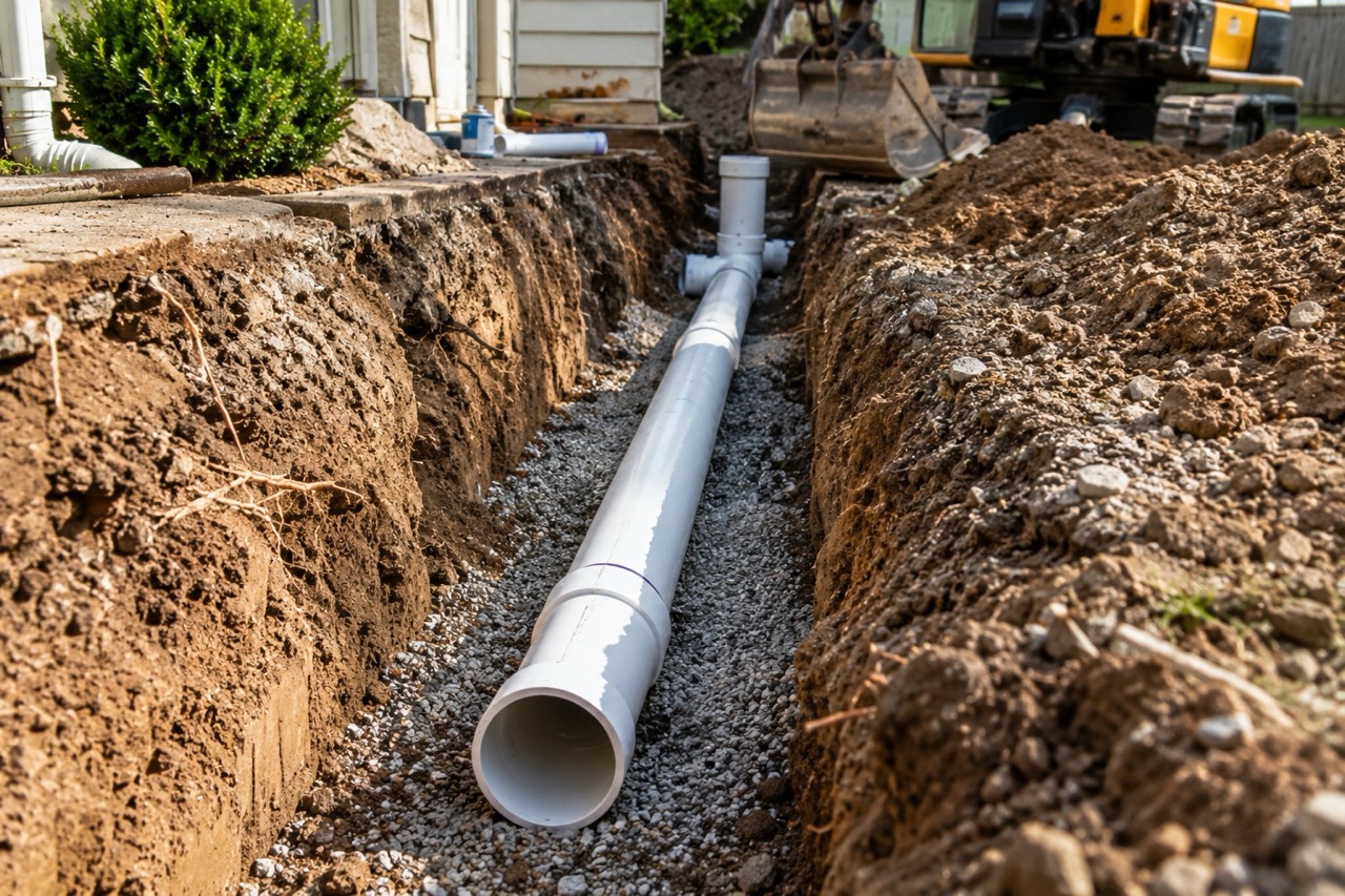 Sewer line being replaced in an open trench