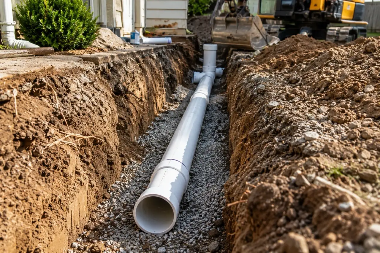 Sewer line being replaced in an open trench