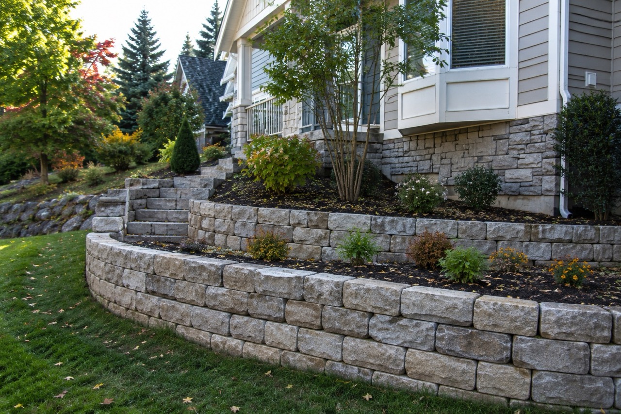 Residential home with tiered retaining walls and terraced landscaping on a sloped yard