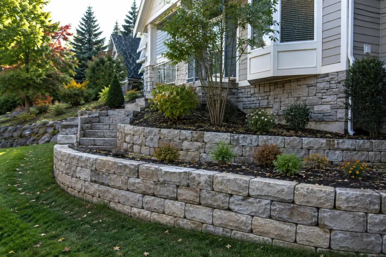 Residential home with tiered retaining walls and terraced landscaping on a sloped yard
