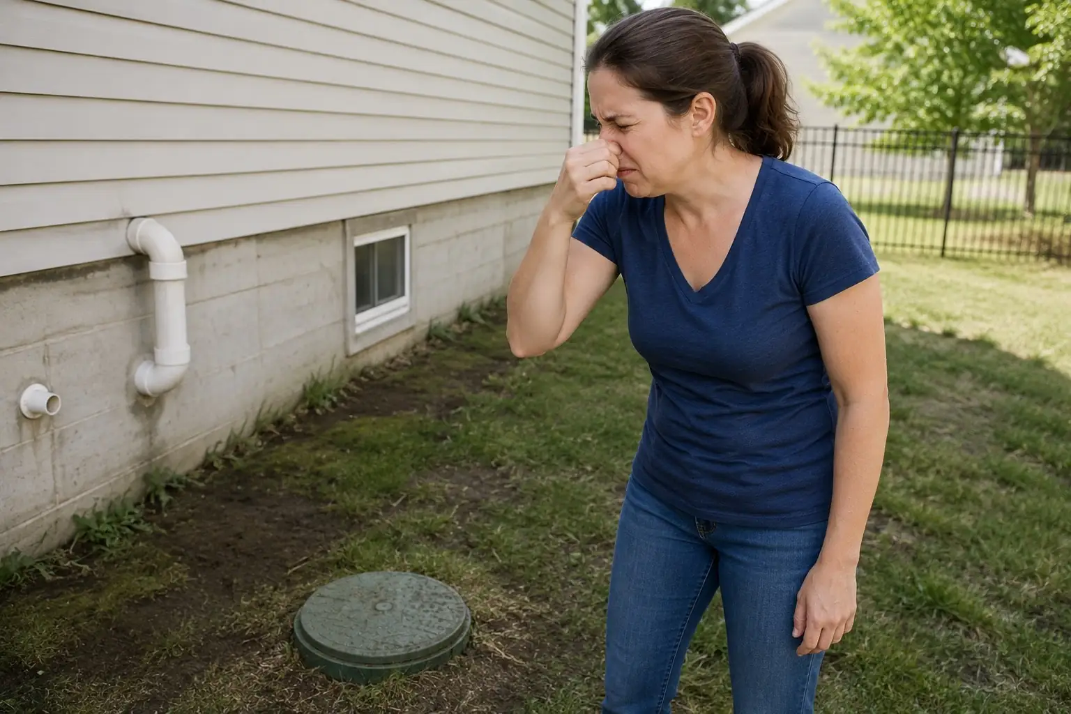 Homeowner pinching her nose near the side of a house because of persistent sewer odors