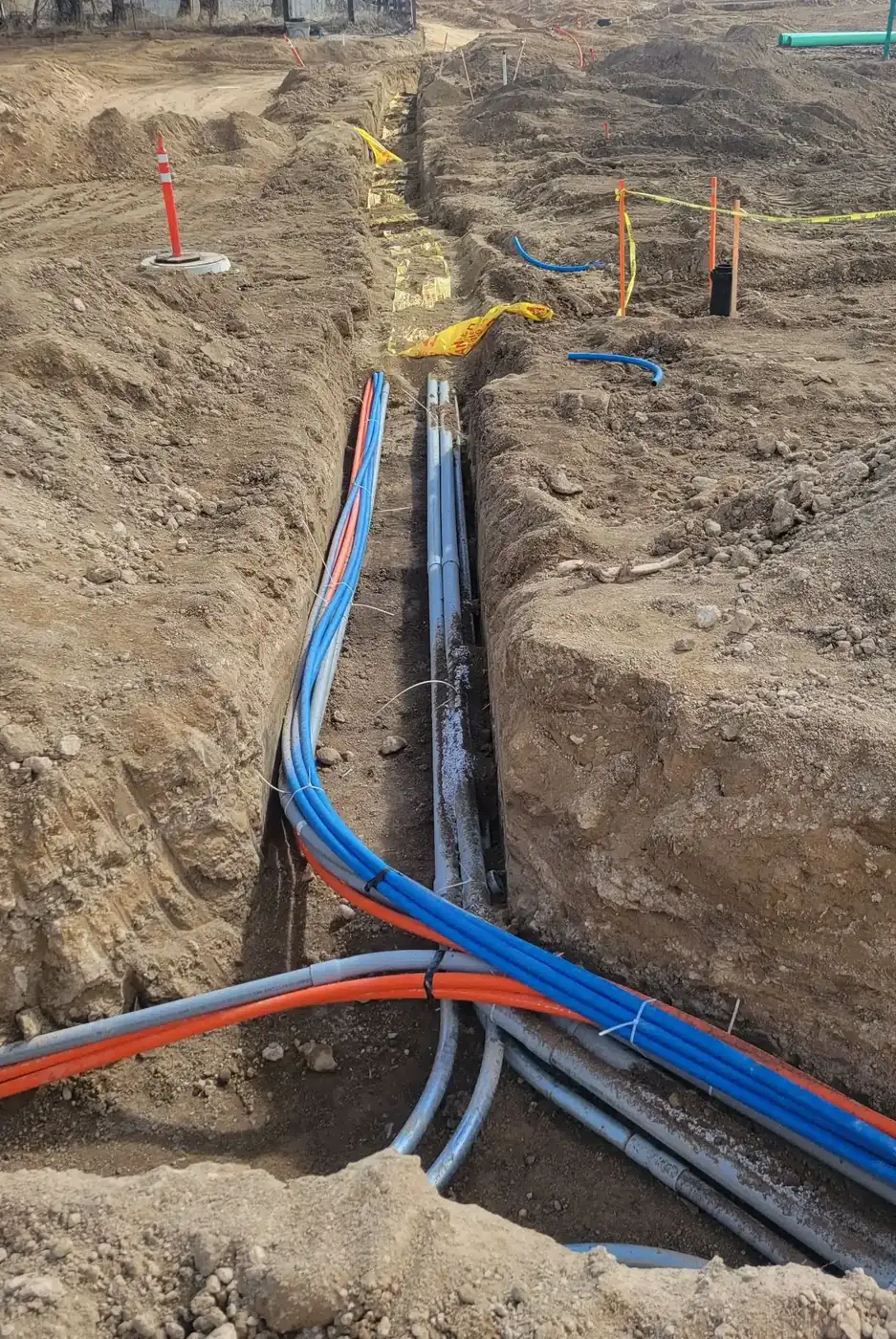 Underground utility installation in a deep trench near Boise